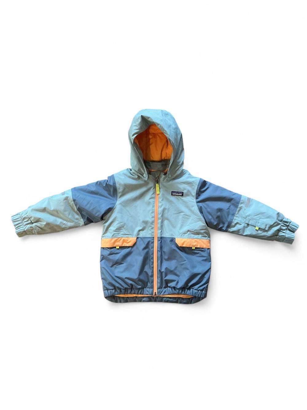 Patagonia Kids Hooded Rain Jacket - Sky Blue & Navy with Yellow Trim